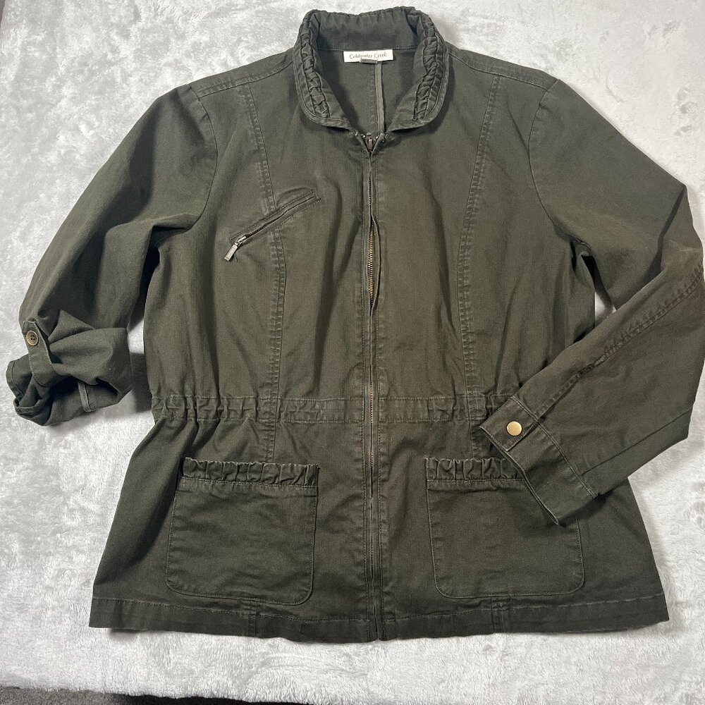 Coldwater Creek Collared Jacket Women 14P Army Green Cinch Waist Roll Tab Sleeve